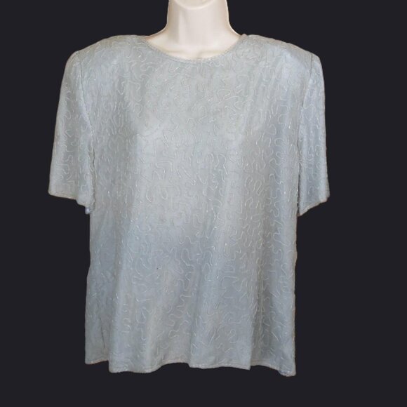 VTG Jakelin Beaded Grey Short Sleeve Top Silk Size XL - Picture 1 of 10